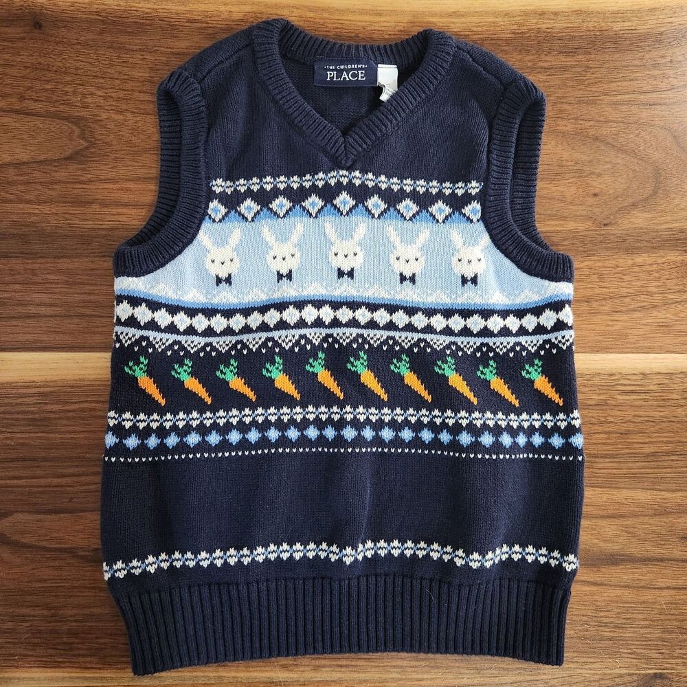 The Childrens Place Boys 5T Blue Easter Bunny Carrot Sweater Vest 100% Cotton